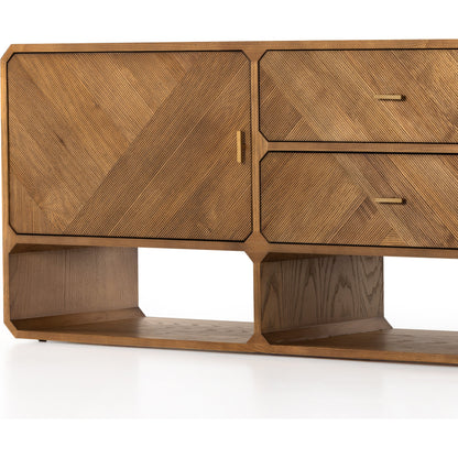 Caspian Media Console by Four Hands. Made from ash veneer, resawn, iron in a eclectic & global style.