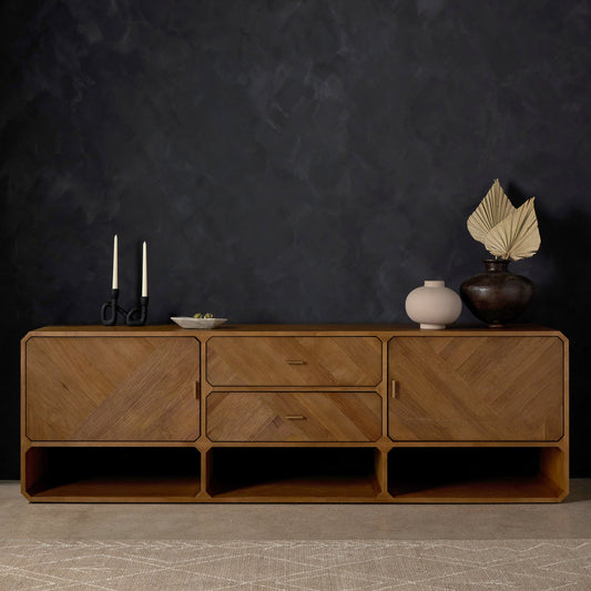Caspian Media Console by Four Hands in natural ash veneer, natural ash, satin brass and natural ash. Made from ash veneer, resawn, iron in a eclectic & global style.
