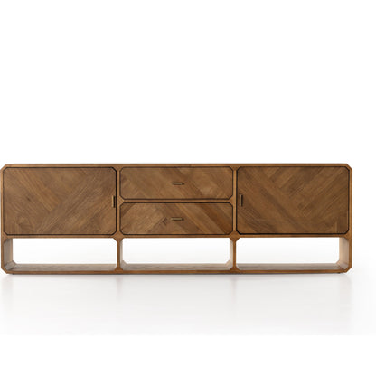 Caspian Media Console by Four Hands. Made from ash veneer, resawn, iron in a eclectic & global style.