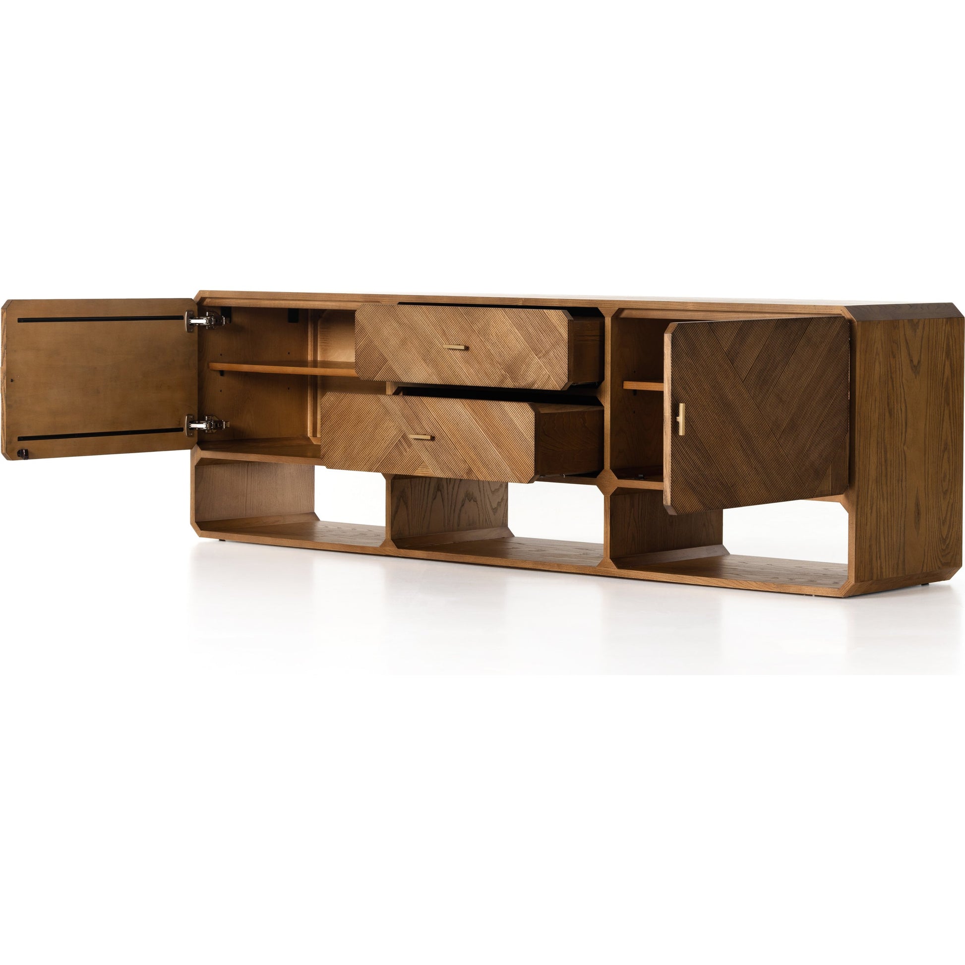 Caspian Media Console by Four Hands. Made from ash veneer, resawn, iron in a eclectic & global style.