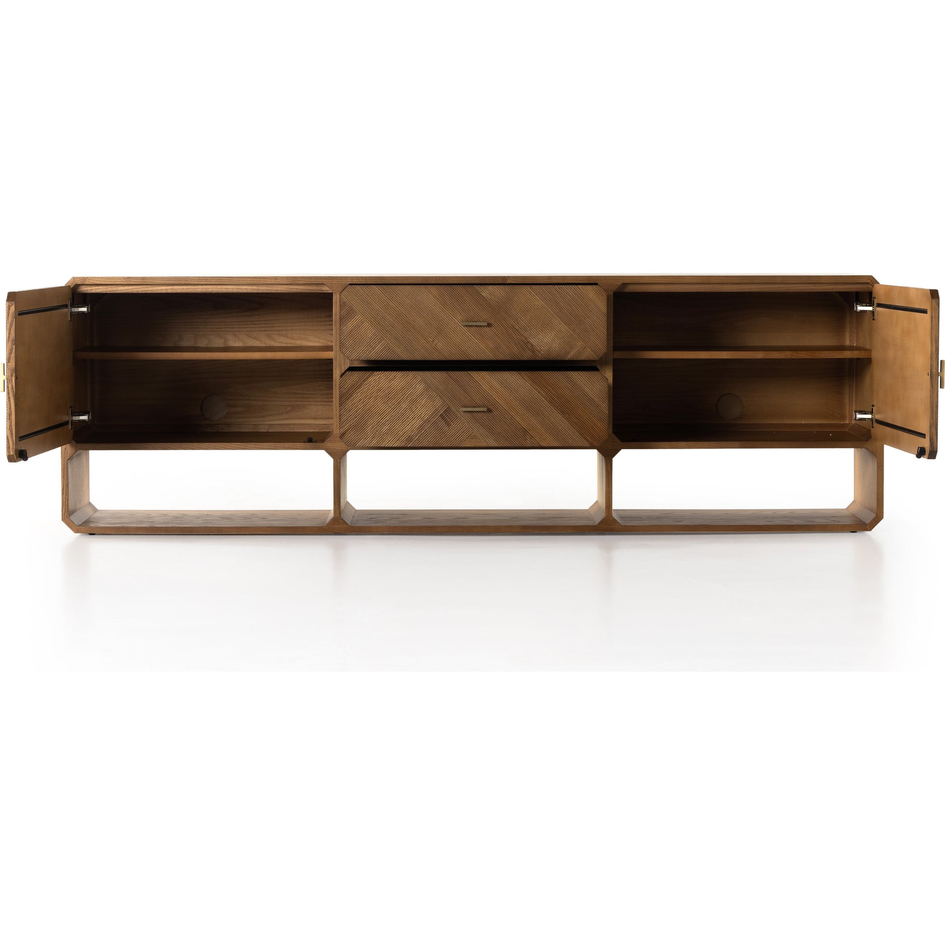 Caspian Media Console by Four Hands. Made from ash veneer, resawn, iron in a eclectic & global style.
