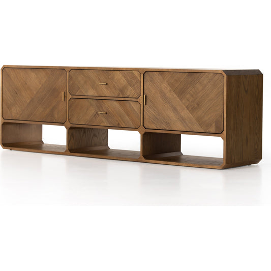 Caspian Media Console by Four Hands. Made from ash veneer, resawn, iron in a eclectic & global style.
