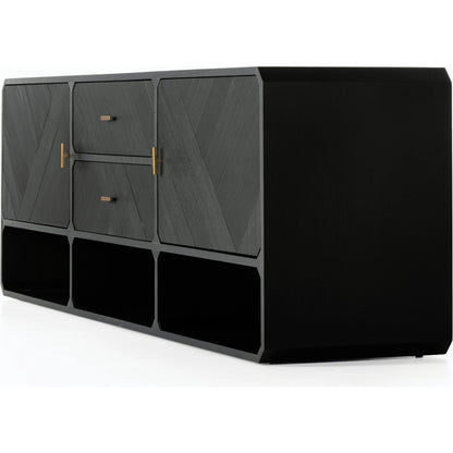 Caspian Media Console by Four Hands. Made from ash veneer, resawn, iron in a eclectic & global style.