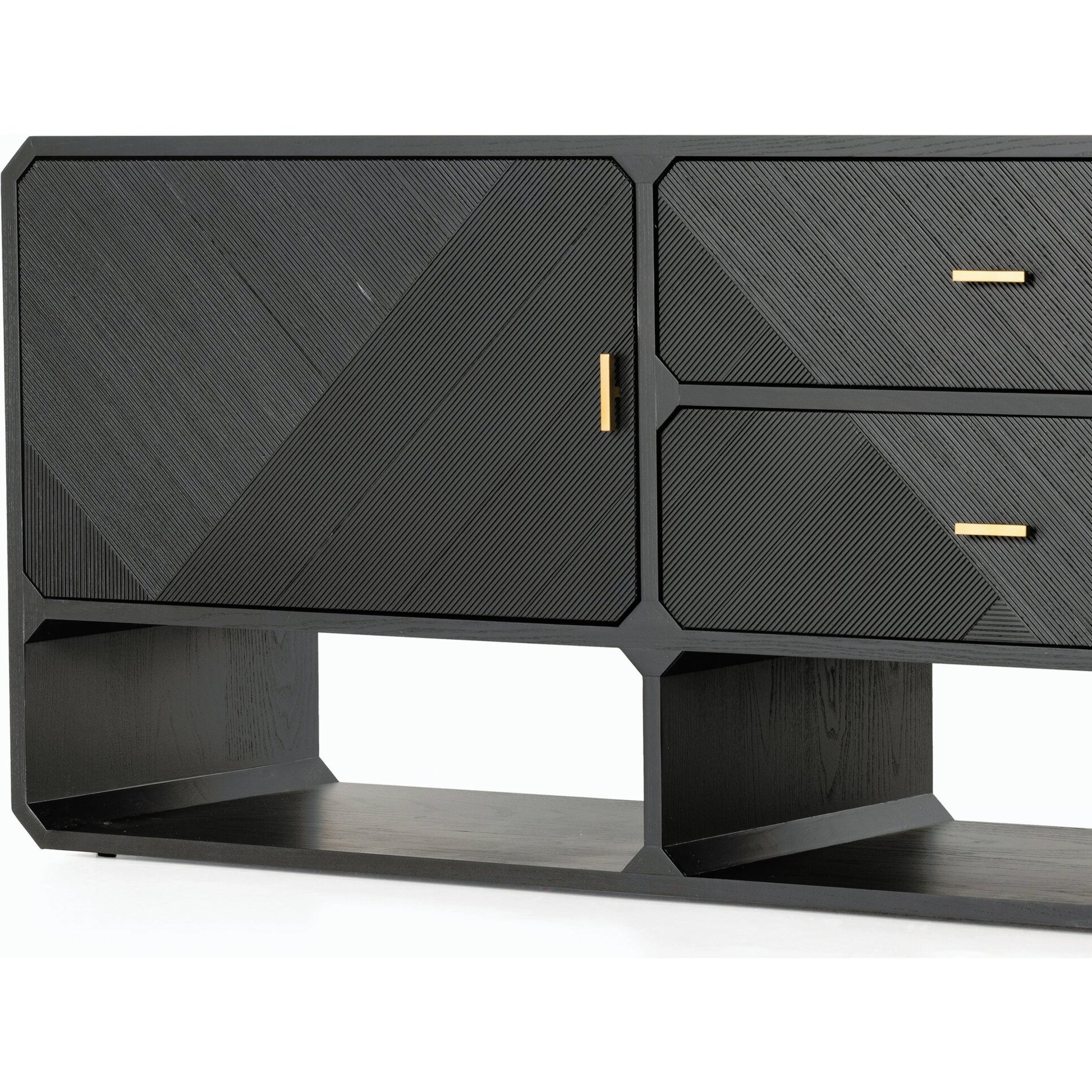 Caspian Media Console by Four Hands. Made from ash veneer, resawn, iron in a eclectic & global style.