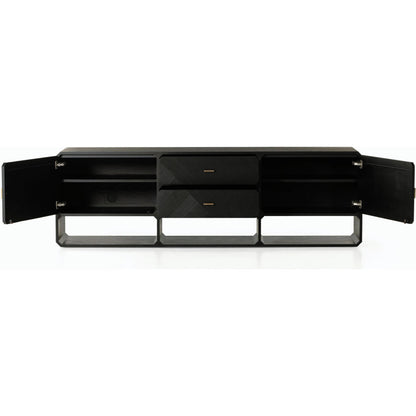 Caspian Media Console by Four Hands. Made from ash veneer, resawn, iron in a eclectic & global style.