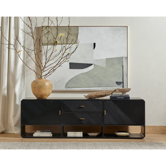Caspian Media Console by Four Hands. Made from ash veneer, resawn, iron in a eclectic & global style.