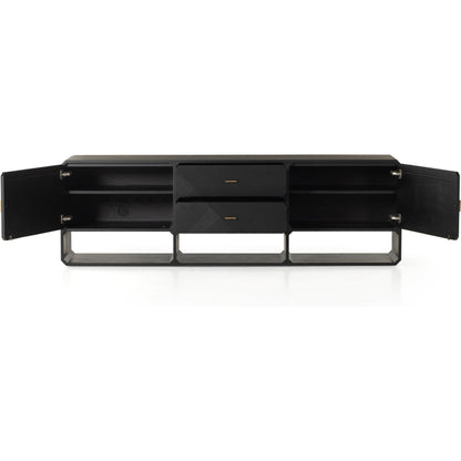 Caspian Media Console by Four Hands. Made from ash veneer, resawn, iron in a eclectic & global style.