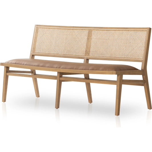 Sage Dining Bench by Four Hands in sierra butterscotch. Made from faux leather, solid beech, cane in a modern style.