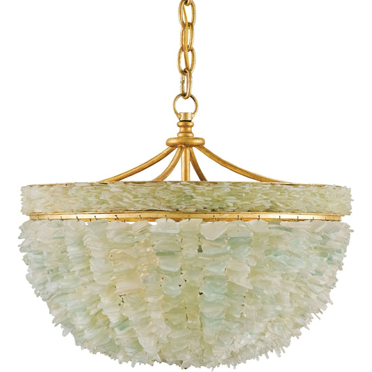 Bayou Chandelier by Currey and Company in contemporary gold leaf, seaglass. Made from wrought iron, glass in a coastal style.