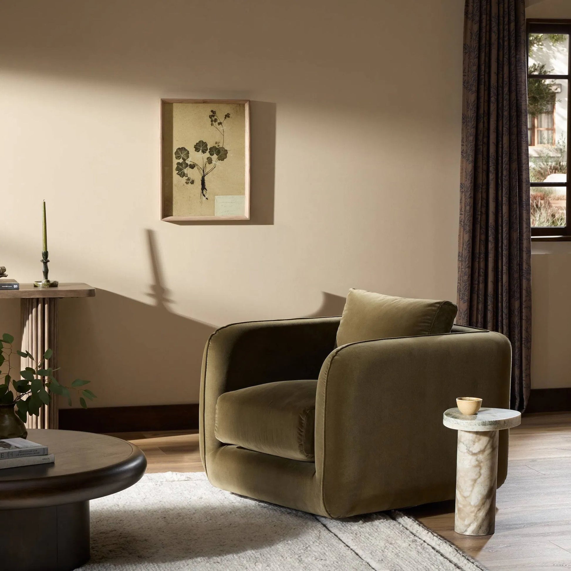 Malakai Swivel Chair by Four Hands in surrey olive. Made from 76.8% cotton, 23.2% polyester, poplar plywood, 100% polyester in a modern style.