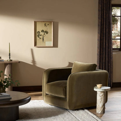 Malakai Swivel Chair by Four Hands in surrey olive. Made from 76.8% cotton, 23.2% polyester, poplar plywood, 100% polyester in a modern style.