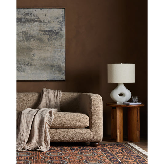 Gidget Sofa by Four Hands in sheepskin camel and almond. Made from 100% polyester, solid parawood in a transitional style.