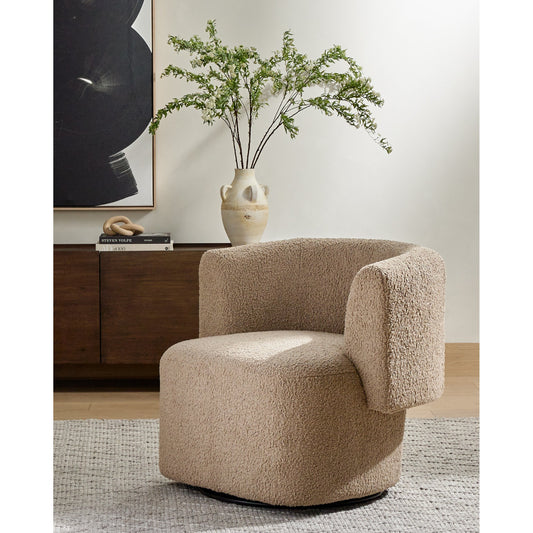 Tybalt Swivel Chair by Four Hands in sheepskin camel. Made from 100% polyester, pine plywood, solid pine in a modern style.