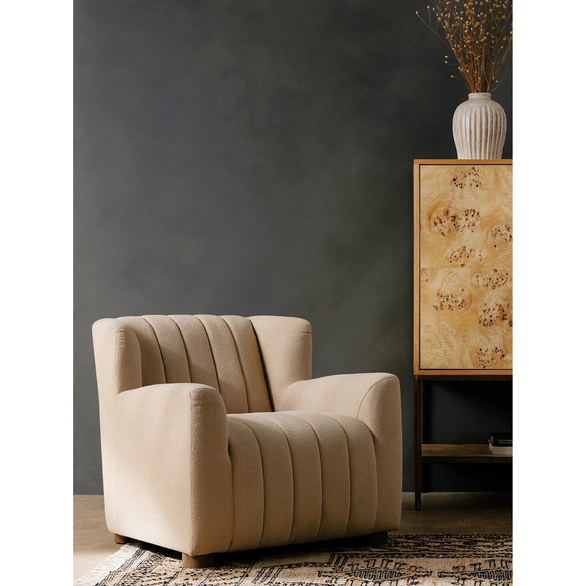 Elora Chair by Four Hands in sheepskin camel. Made from 100% polyester, solid parawood, 100% polypropylene in a transitional style.