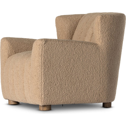 Elora Chair by Four Hands in sheepskin camel. Made from 100% polyester, solid parawood, 100% polypropylene in a transitional style.