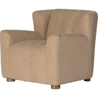 Elora Chair by Four Hands in sheepskin camel. Made from 100% polyester, solid parawood, 100% polypropylene in a transitional style.
