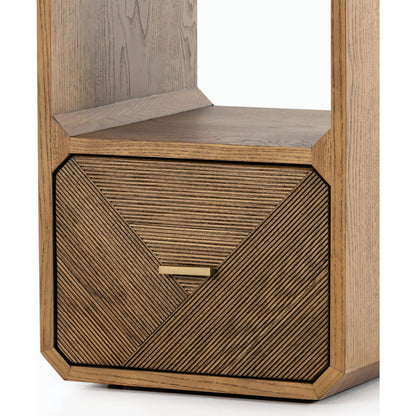 Caspian End Table by Four Hands. Made from ash veneer, resawn, iron in a modern style.