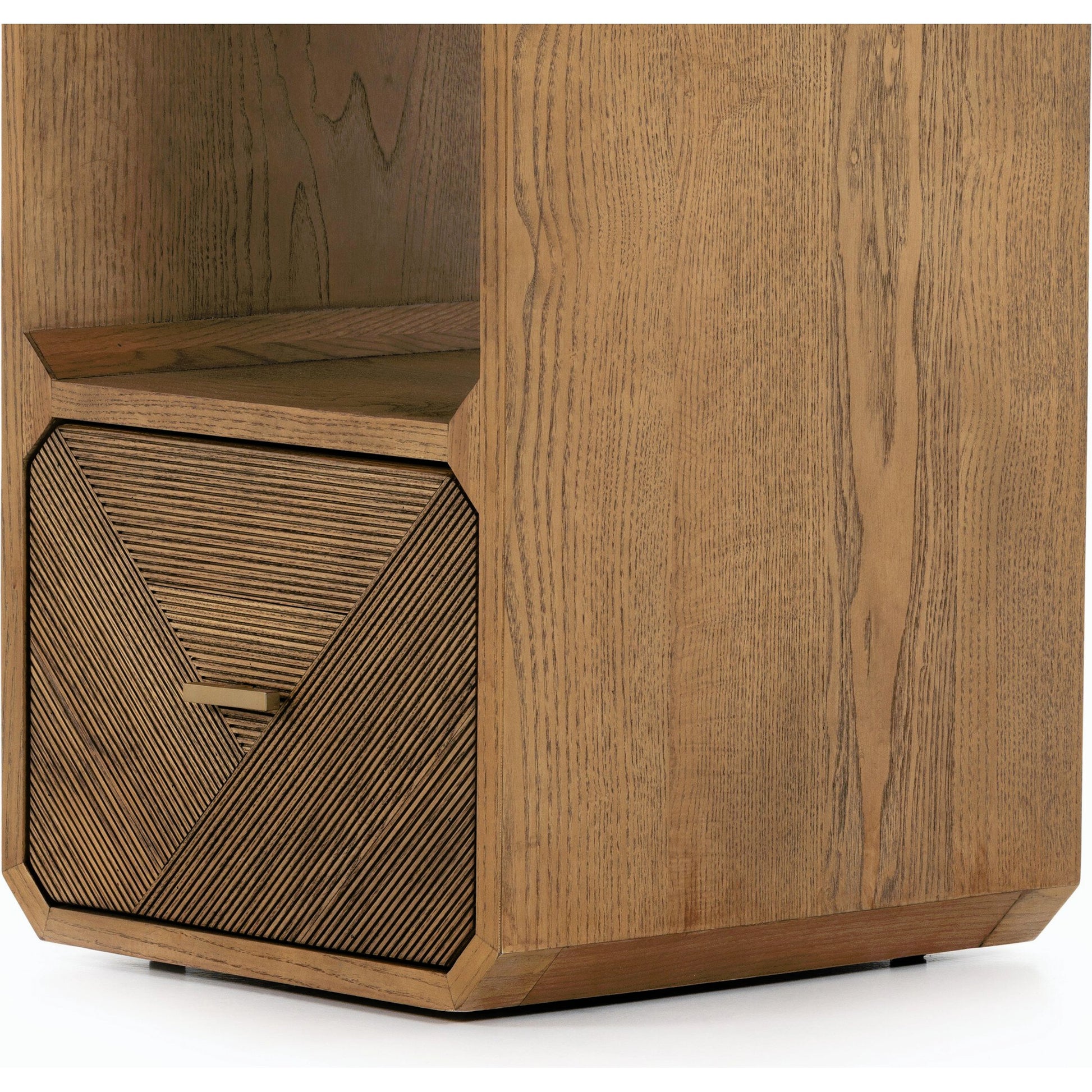 Caspian End Table by Four Hands. Made from ash veneer, resawn, iron in a modern style.