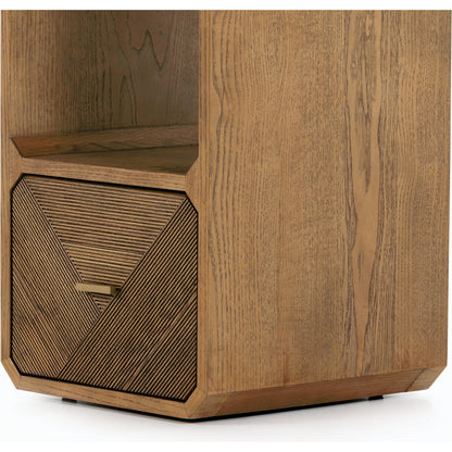 Caspian End Table by Four Hands. Made from ash veneer, resawn, iron in a modern style.
