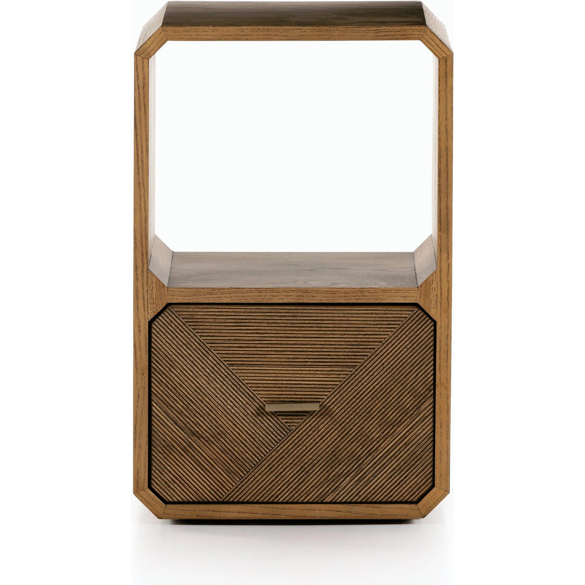 Caspian End Table by Four Hands. Made from ash veneer, resawn, iron in a modern style.