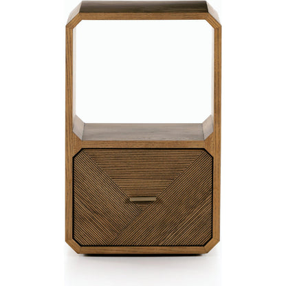 Caspian End Table by Four Hands. Made from ash veneer, resawn, iron in a modern style.