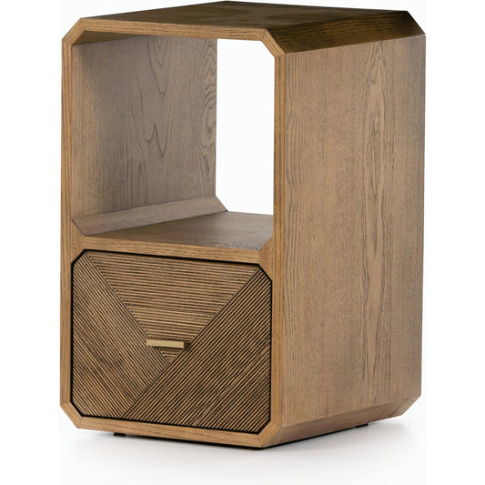 Caspian End Table by Four Hands. Made from ash veneer, resawn, iron in a modern style.