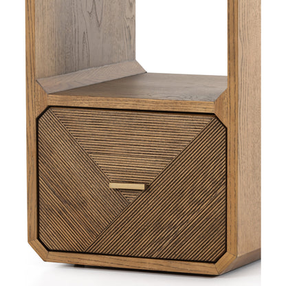 Caspian End Table by Four Hands. Made from ash veneer, resawn, iron in a modern style.