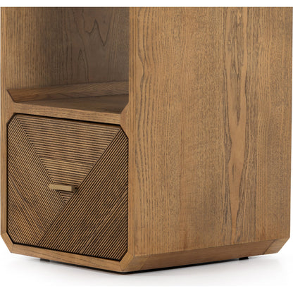 Caspian End Table by Four Hands. Made from ash veneer, resawn, iron in a modern style.
