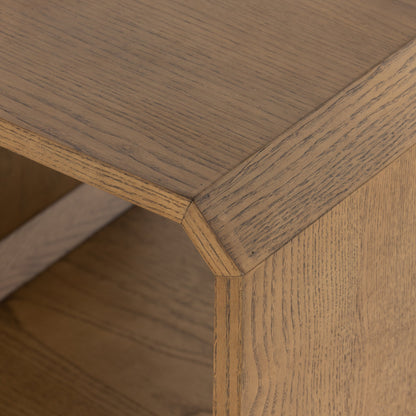 Caspian End Table by Four Hands. Made from ash veneer, resawn, iron in a modern style.