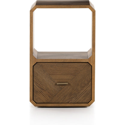 Caspian End Table by Four Hands. Made from ash veneer, resawn, iron in a modern style.