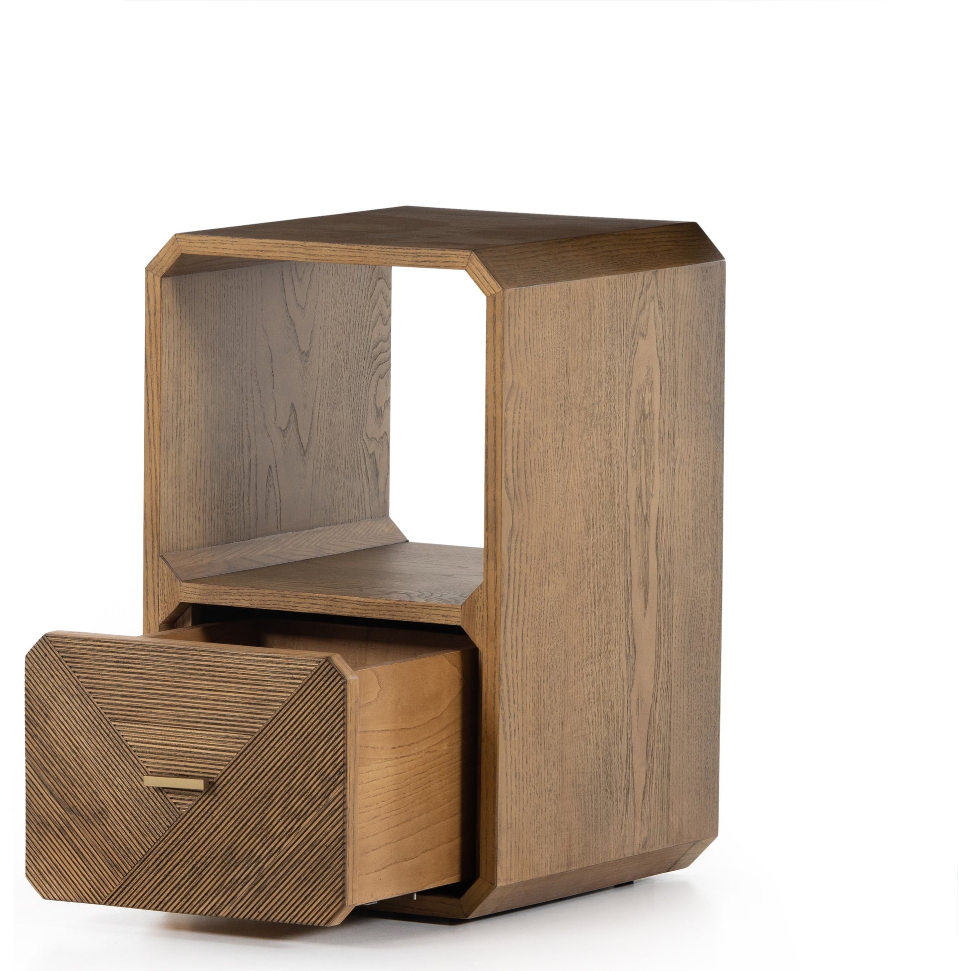 Caspian End Table by Four Hands. Made from ash veneer, resawn, iron in a modern style.