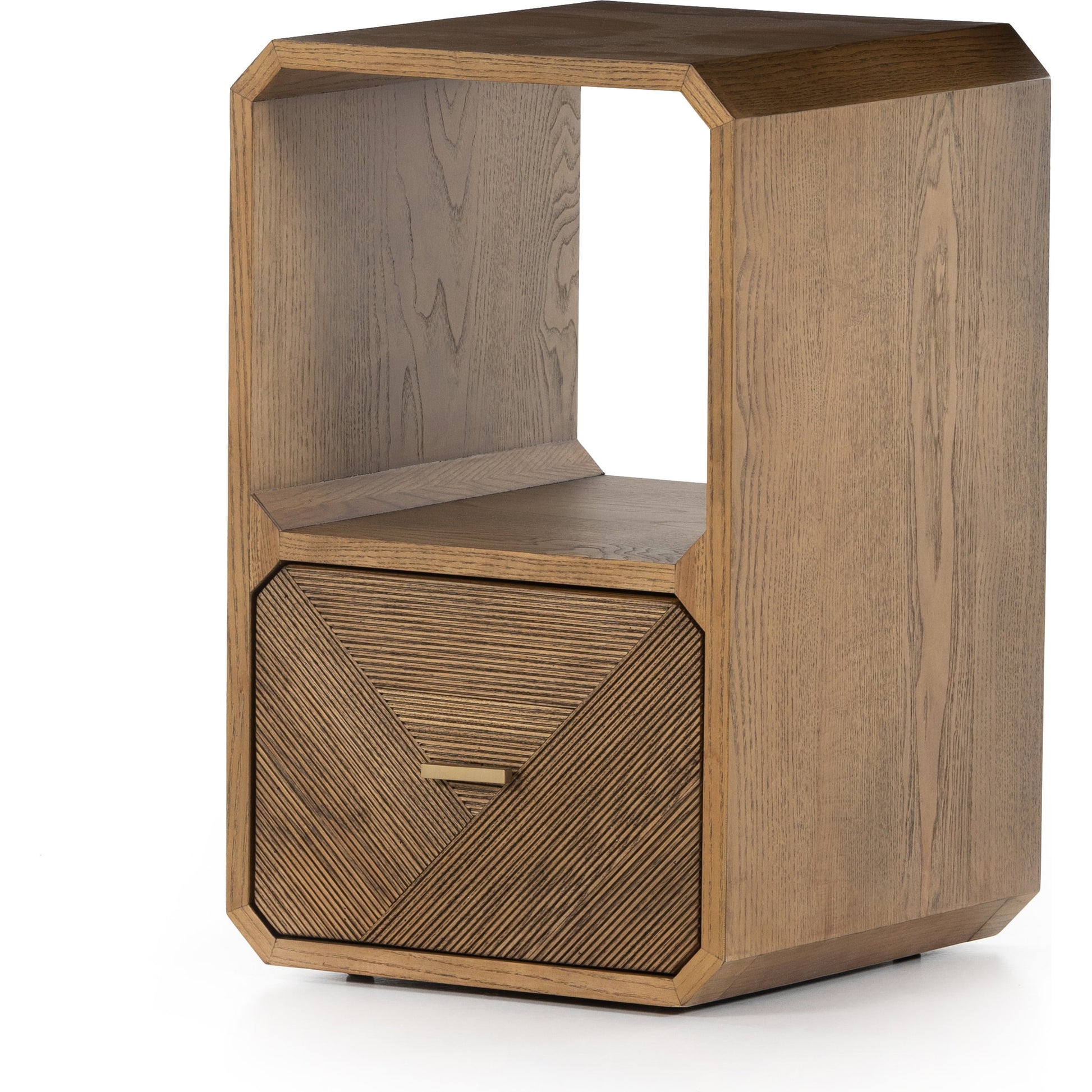 Caspian End Table by Four Hands. Made from ash veneer, resawn, iron in a modern style.