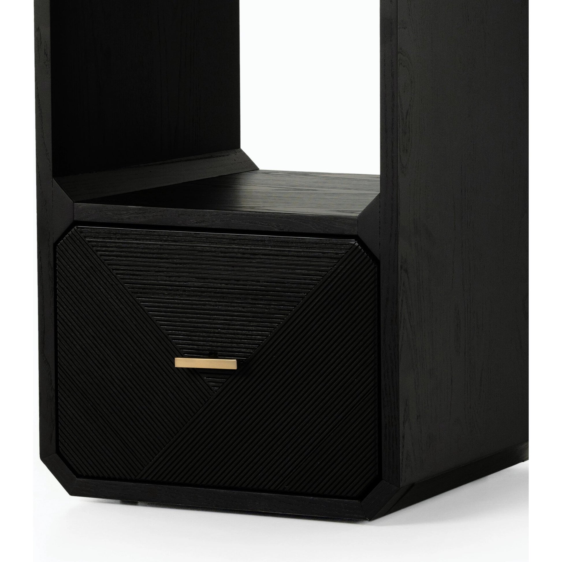 Caspian End Table by Four Hands. Made from ash veneer, resawn, iron in a modern style.