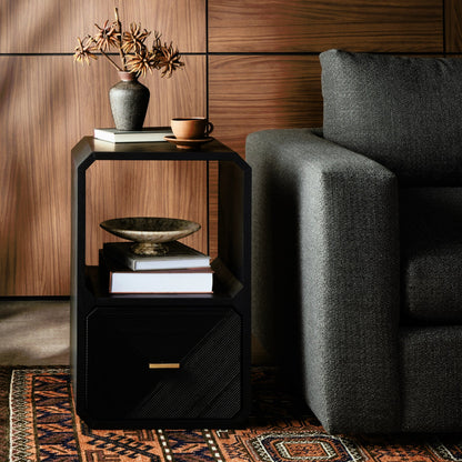 Caspian End Table by Four Hands. Made from ash veneer, resawn, iron in a modern style.