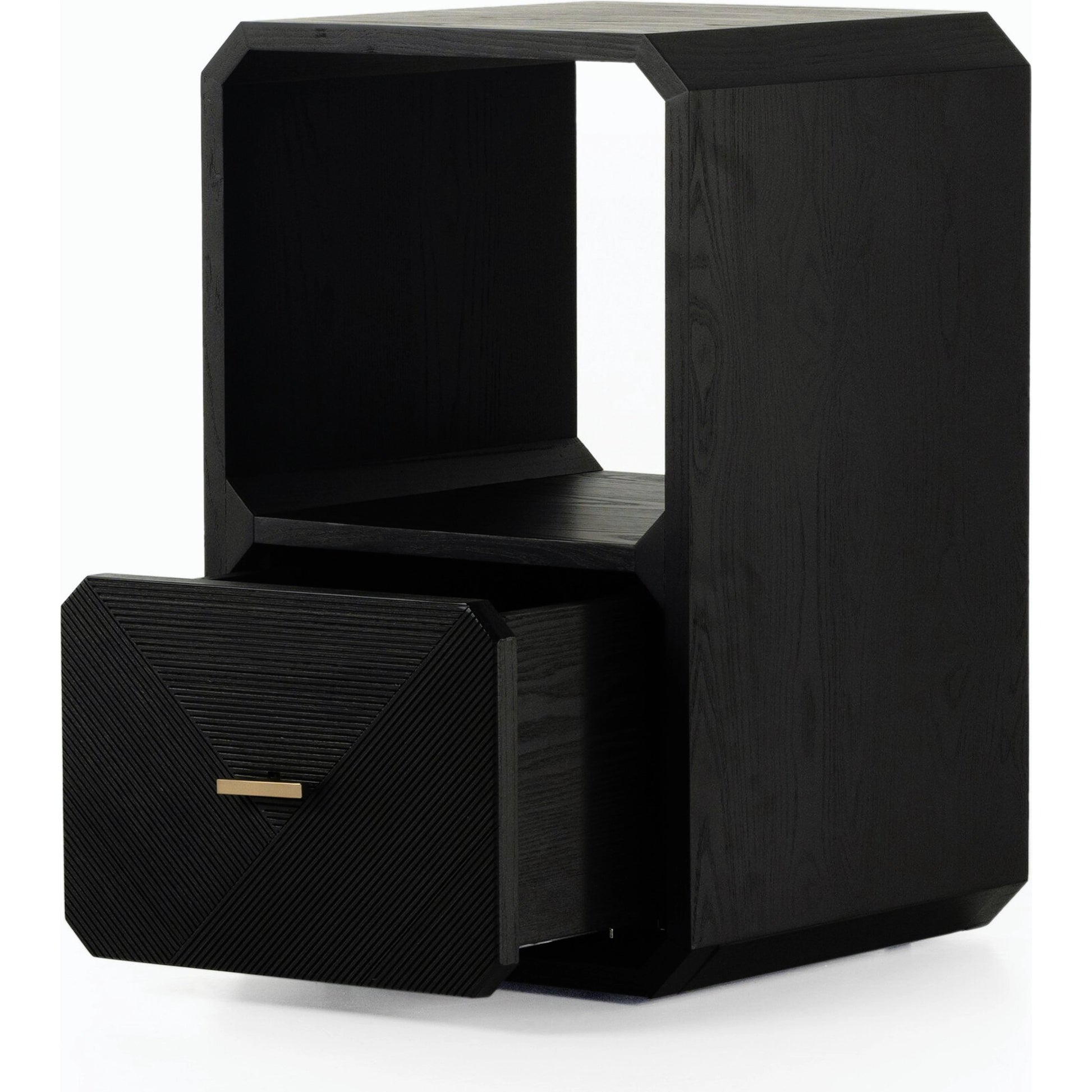 Caspian End Table by Four Hands. Made from ash veneer, resawn, iron in a modern style.