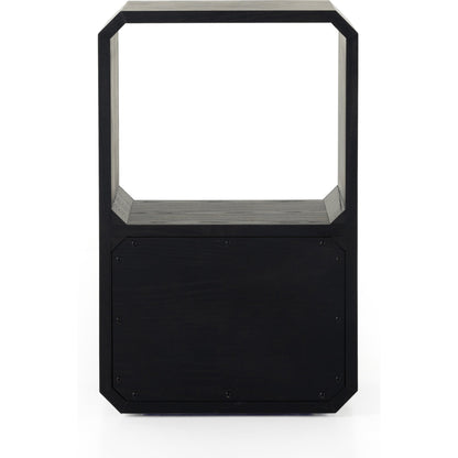 Caspian End Table by Four Hands. Made from ash veneer, resawn, iron in a modern style.