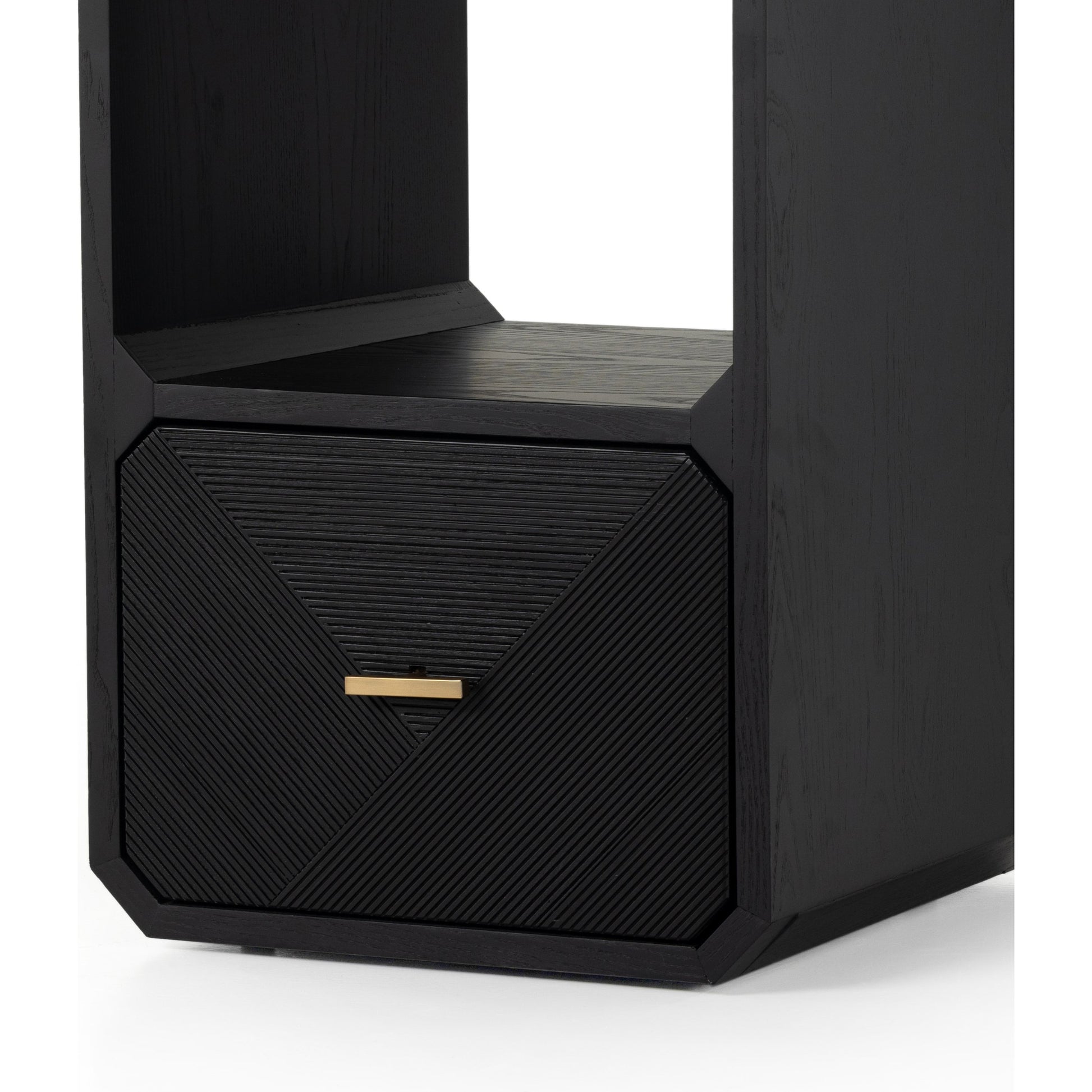 Caspian End Table by Four Hands. Made from ash veneer, resawn, iron in a modern style.