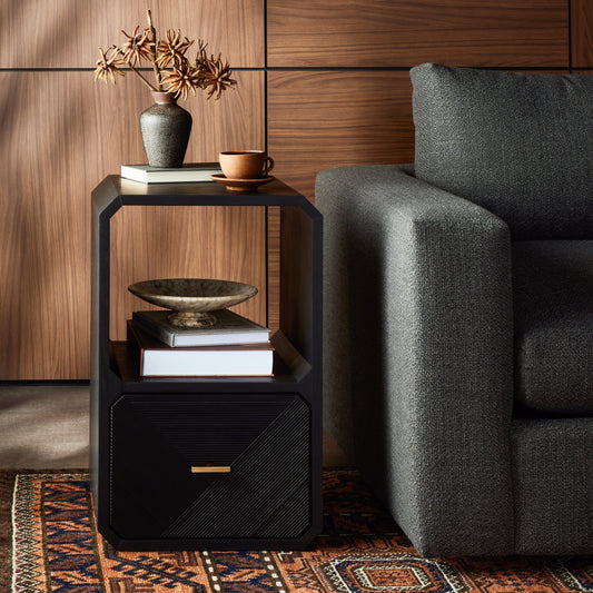 Caspian End Table by Four Hands. Made from ash veneer, resawn, iron in a modern style.