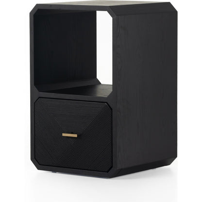 Caspian End Table by Four Hands. Made from ash veneer, resawn, iron in a modern style.