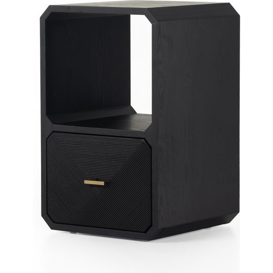 Caspian End Table by Four Hands. Made from ash veneer, resawn, iron in a modern style.