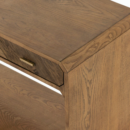 Caspian Console Table by Four Hands. Made from ash veneer, resawn, iron in a modern style.