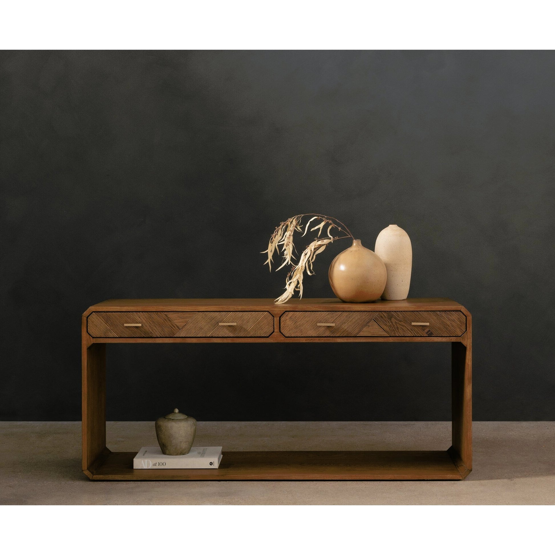 Caspian Console Table by Four Hands. Made from ash veneer, resawn, iron in a modern style.
