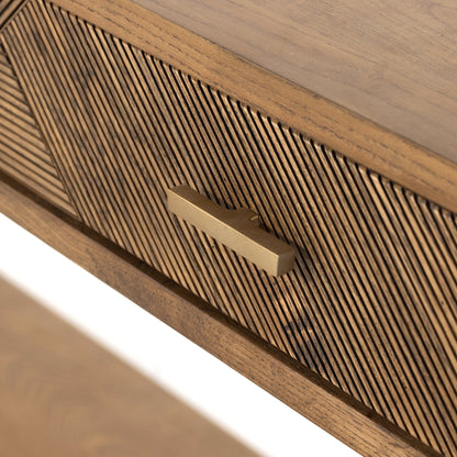 Caspian Console Table by Four Hands. Made from ash veneer, resawn, iron in a modern style.