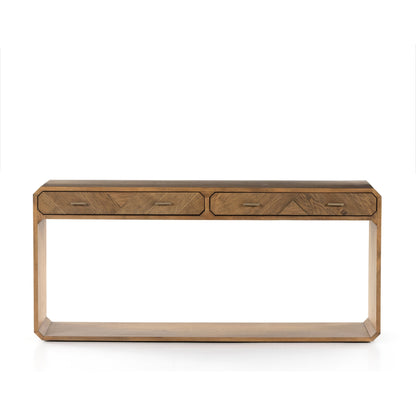 Caspian Console Table by Four Hands. Made from ash veneer, resawn, iron in a modern style.