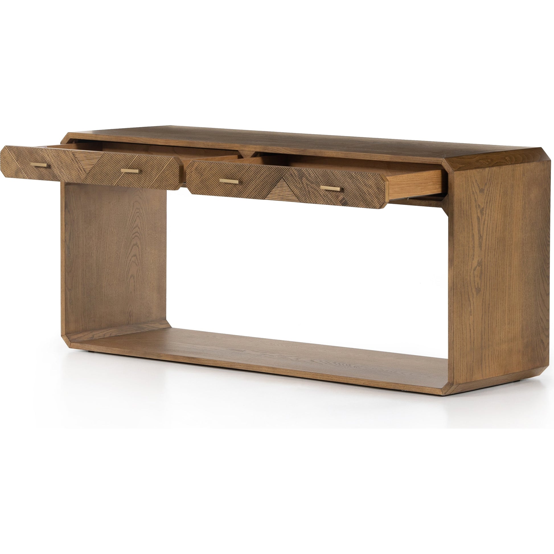 Caspian Console Table by Four Hands. Made from ash veneer, resawn, iron in a modern style.