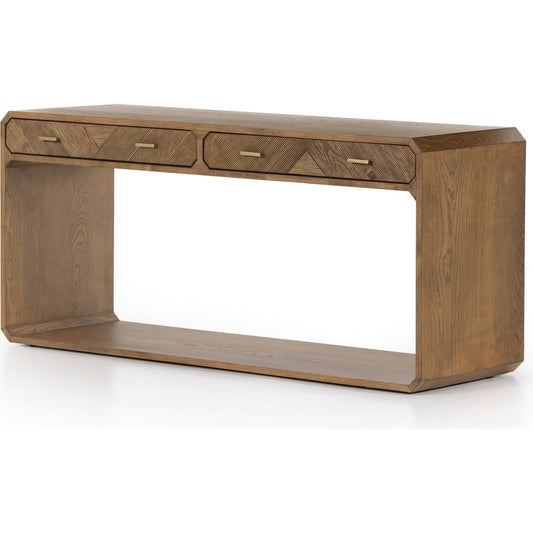 Caspian Console Table by Four Hands. Made from ash veneer, resawn, iron in a modern style.