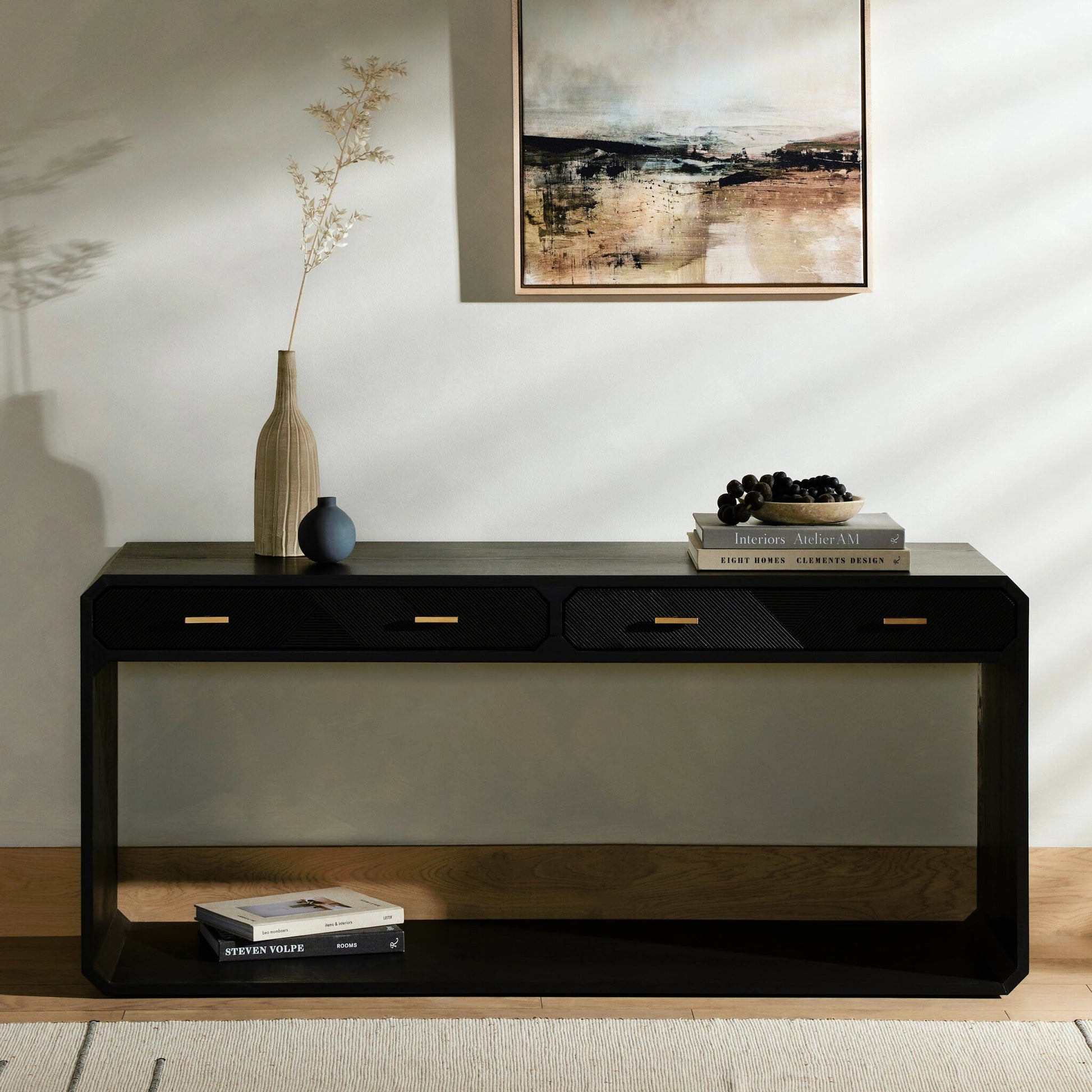 Caspian Console Table by Four Hands. Made from ash veneer, resawn, iron in a modern style.