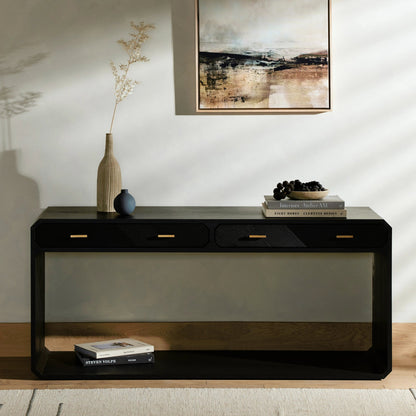 Caspian Console Table by Four Hands. Made from ash veneer, resawn, iron in a modern style.