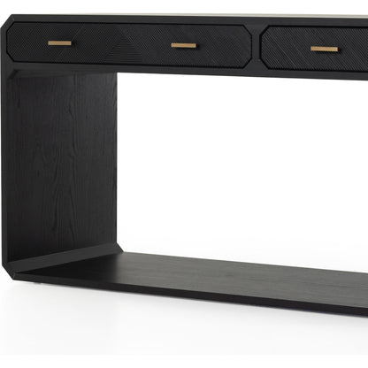 Caspian Console Table by Four Hands. Made from ash veneer, resawn, iron in a modern style.