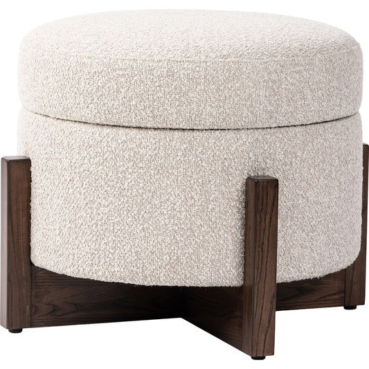 Esben Storage Ottoman by Four Hands in sattley fog, terra brown nettlewod. Made from 96% polyester, 4% acrylic, solid nettlewood, 100% polyester in a modern style.